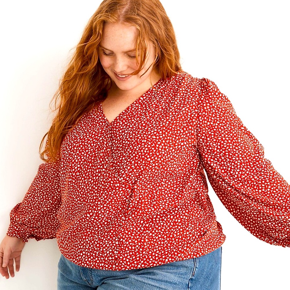 Madewell- Kinston Side-Button Wrap Top in Park Picnic Red, Size 3X